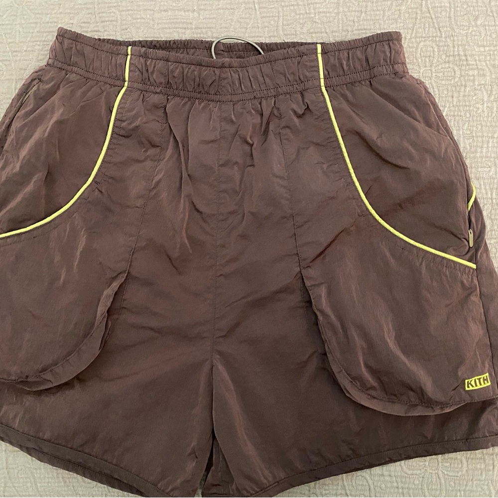 Kith Chocolate Brown Shorts with Neon Yellow Accents